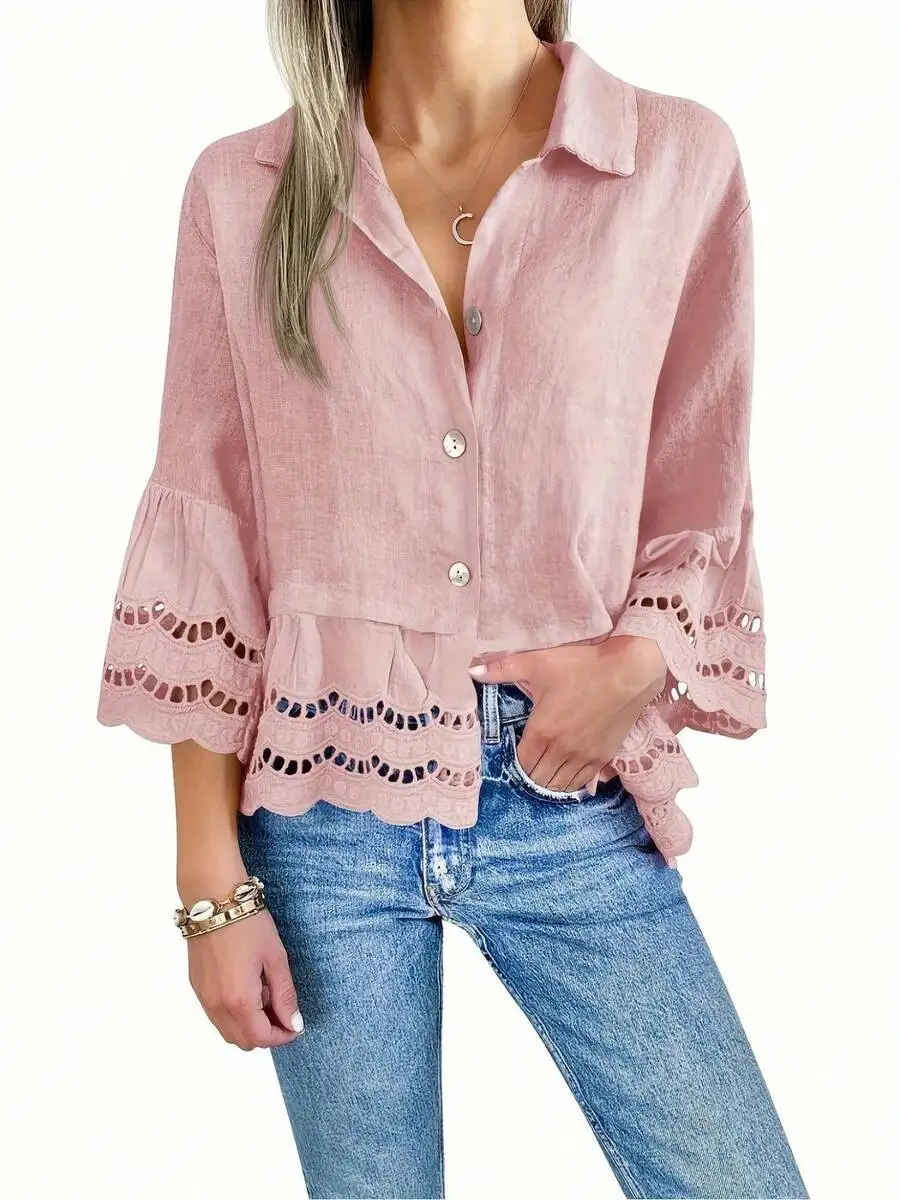 Womens Pink Lace Trim 3/4 Sleeve Button Down Blouse Casual Spring Summer Shirt
Womens Pink Lace Trim 3/4 Sleeve Button Down Blouse Casual Spring Summer Shirt