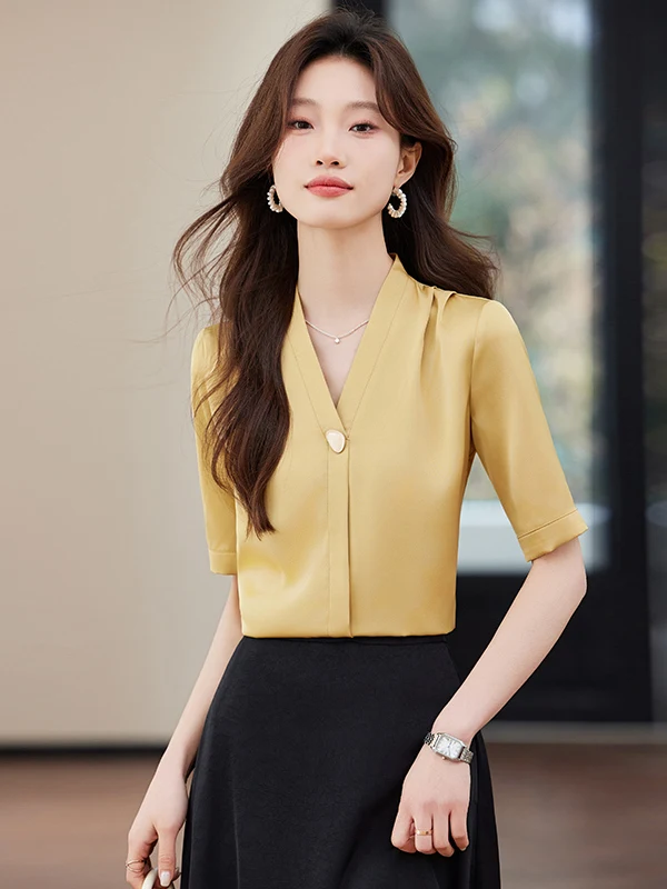 Yellow Short Sleeve V-Neck Shirt Women's Summer Commute Formal Shirt Elegant Professional Sense Button Detail Loose Fit Polye...
Yellow Short Sleeve V-Neck Shirt Women's Summer Commute Formal Shirt Elegant Professional Sense Button Detail Loose Fit Polye...