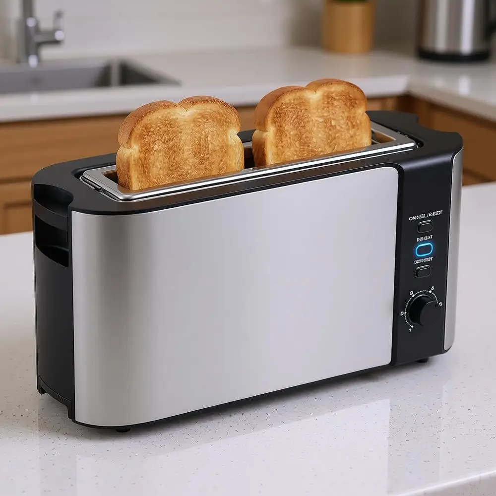 Тостер с двумя широкими слотами, функция подогрева, 6 настроек, кнопка отмены, подставка для подогрева, нержавеющая сталь и черный цвет
Тостер с двумя широкими слотами, функция подогрева, 6 настроек, кнопка отмены, подставка для подогрева, нержавеющая сталь и черный цвет