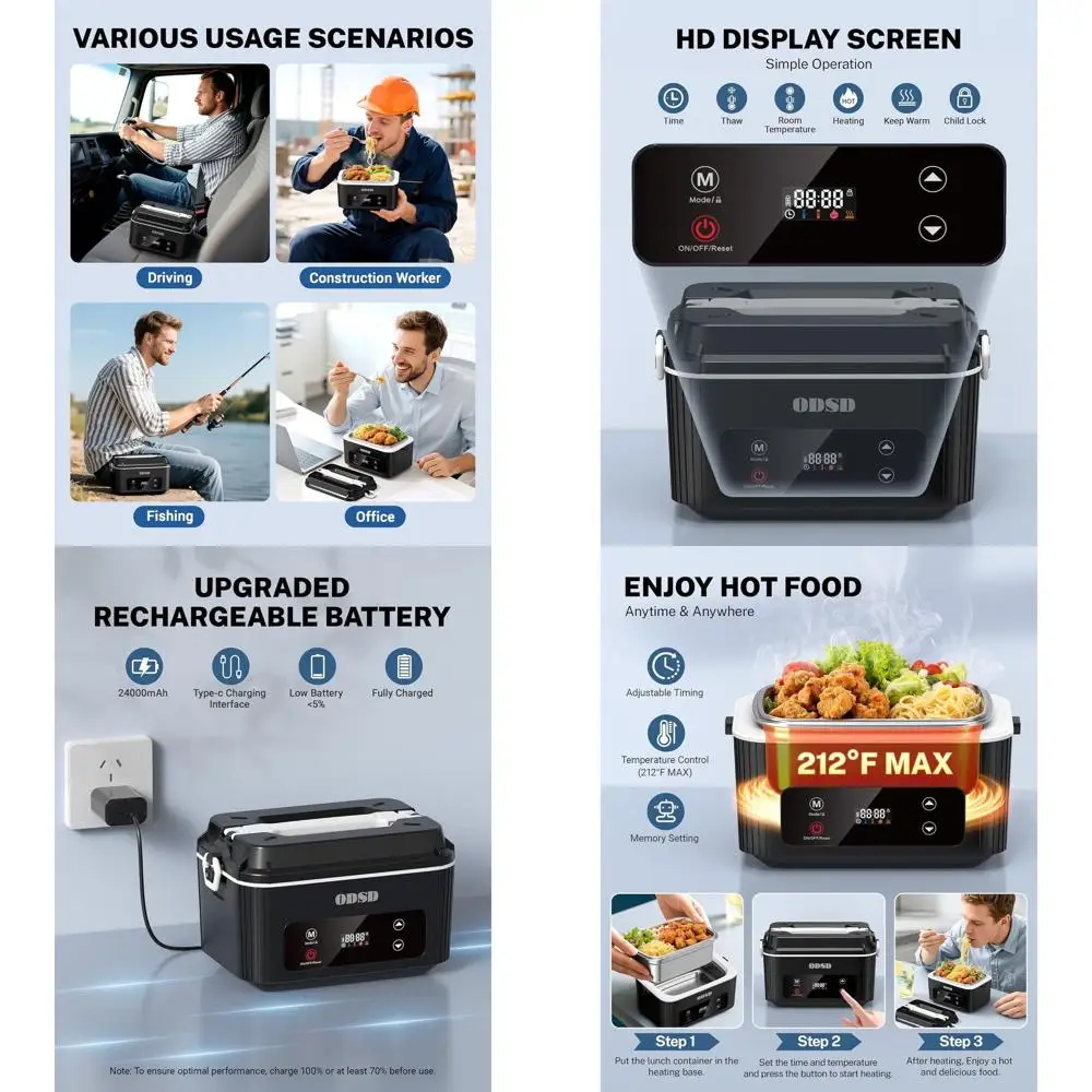 Portable Electric Food Warmer, 1.2L Stainless Steel Container, 130-Minute Battery Life, Ideal for Outdoor, Office, or Truck Use
Portable Electric Food Warmer, 1.2L Stainless Steel Container, 130-Minute Battery Life, Ideal for Outdoor, Office, or Truck Use