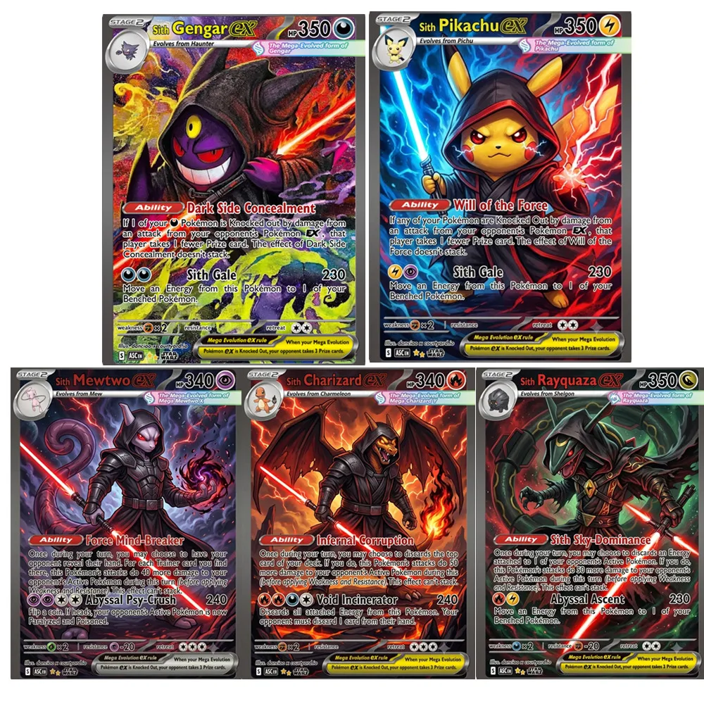5Pcs/set Star Wars Pokemon Crossover Cards Sith Pikachu Charizard ex Dark Side Lightsaber Anime Game Collection Cards
5Pcs/set Star Wars Pokemon Crossover Cards Sith Pikachu Charizard ex Dark Side Lightsaber Anime Game Collection Cards