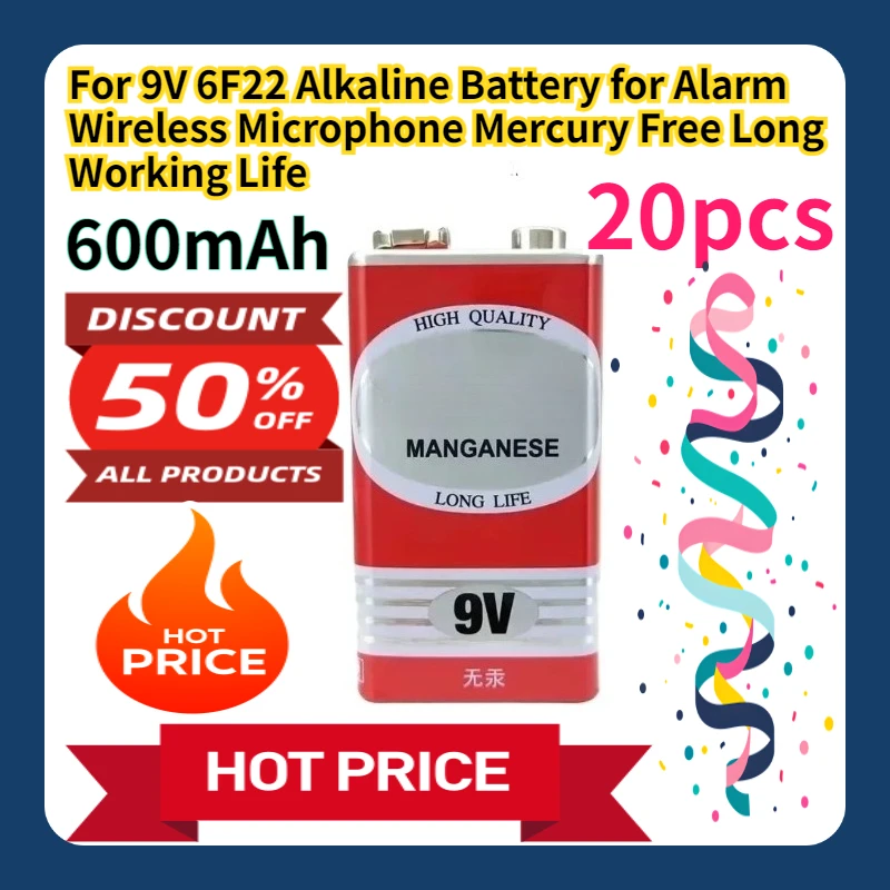 Батарейка щелочная 9В 6F22 для сигнализации и беспроводных микрофонов, без ртути, с долгим сроком службы
Батарейка щелочная 9В 6F22 для сигнализации и беспроводных микрофонов, без ртути, с долгим сроком службы