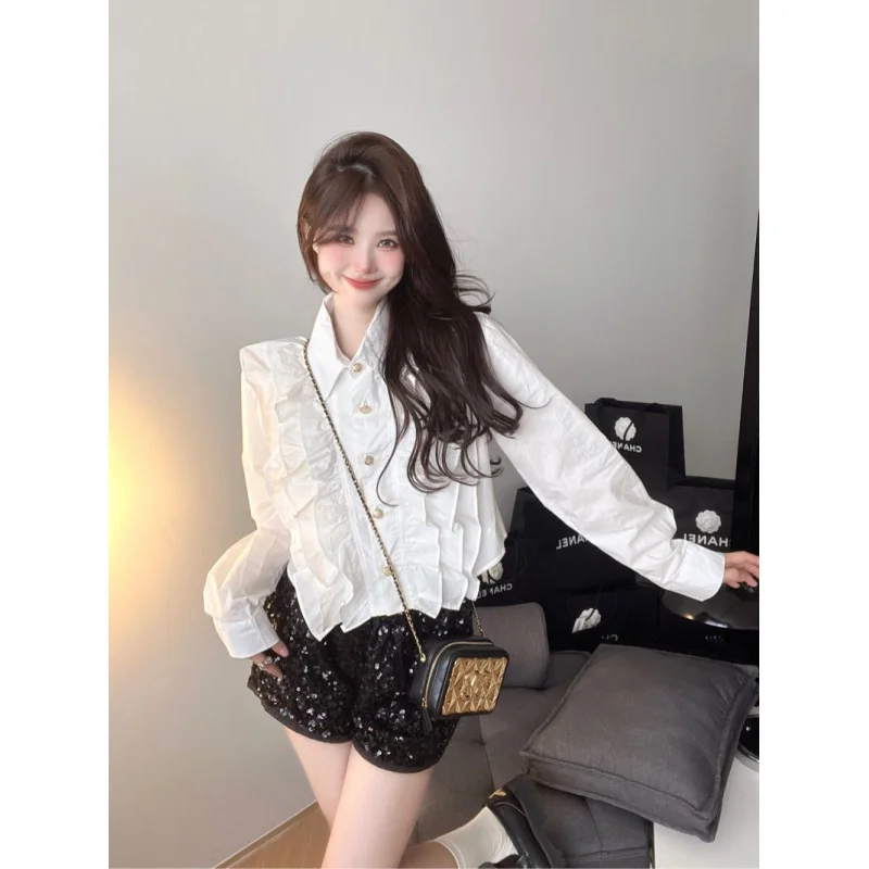 White Ruffled Long-Sleeved Shirt Women's Summer French Style Loose Short Temperament Shirt Polo Collar High-Grade Top
White Ruffled Long-Sleeved Shirt Women's Summer French Style Loose Short Temperament Shirt Polo Collar High-Grade Top