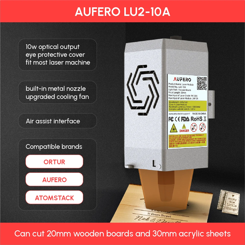 Aufero 10W Laser Module Laser Head 450nm 20000MM/MIN Blue Laser Engraving Machine for Wood Marking and Cutting Tool with Acrylic
Aufero 10W Laser Module Laser Head 450nm 20000MM/MIN Blue Laser Engraving Machine for Wood Marking and Cutting Tool with Acrylic