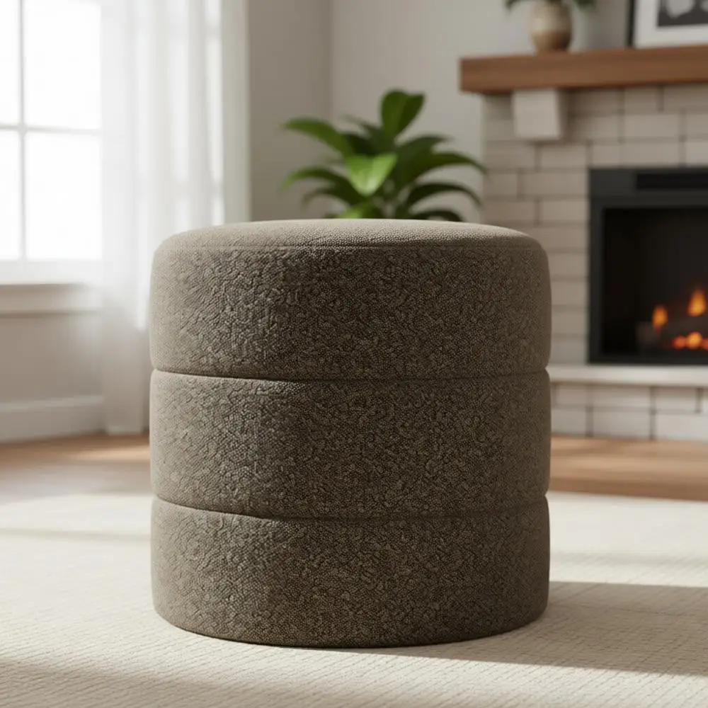 Round Upholstered Ottoman - Brown Boucle Fabric Seat
Round Upholstered Ottoman - Brown Boucle Fabric Seat