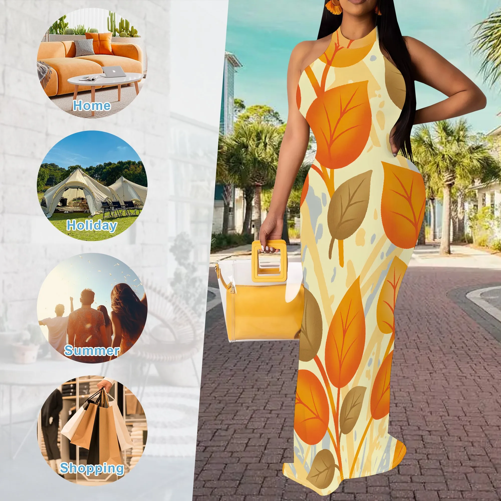 Women's Halter Neck Maxi Dress, Autumn Leaf Print, Sleeveless Bodycon Evening Gown, Fall Party Dress, S-3XL
Women's Halter Neck Maxi Dress, Autumn Leaf Print, Sleeveless Bodycon Evening Gown, Fall Party Dress, S-3XL