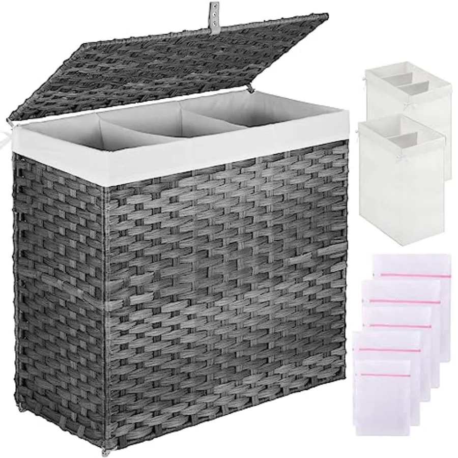Laundry Hamper with Lid 125L Large Clothes Hamper with 3 Section and 2 Section Removable Liner Bags and 5 Mesh Laundry Bags Han
Laundry Hamper with Lid 125L Large Clothes Hamper with 3 Section and 2 Section Removable Liner Bags and 5 Mesh Laundry Bags Han