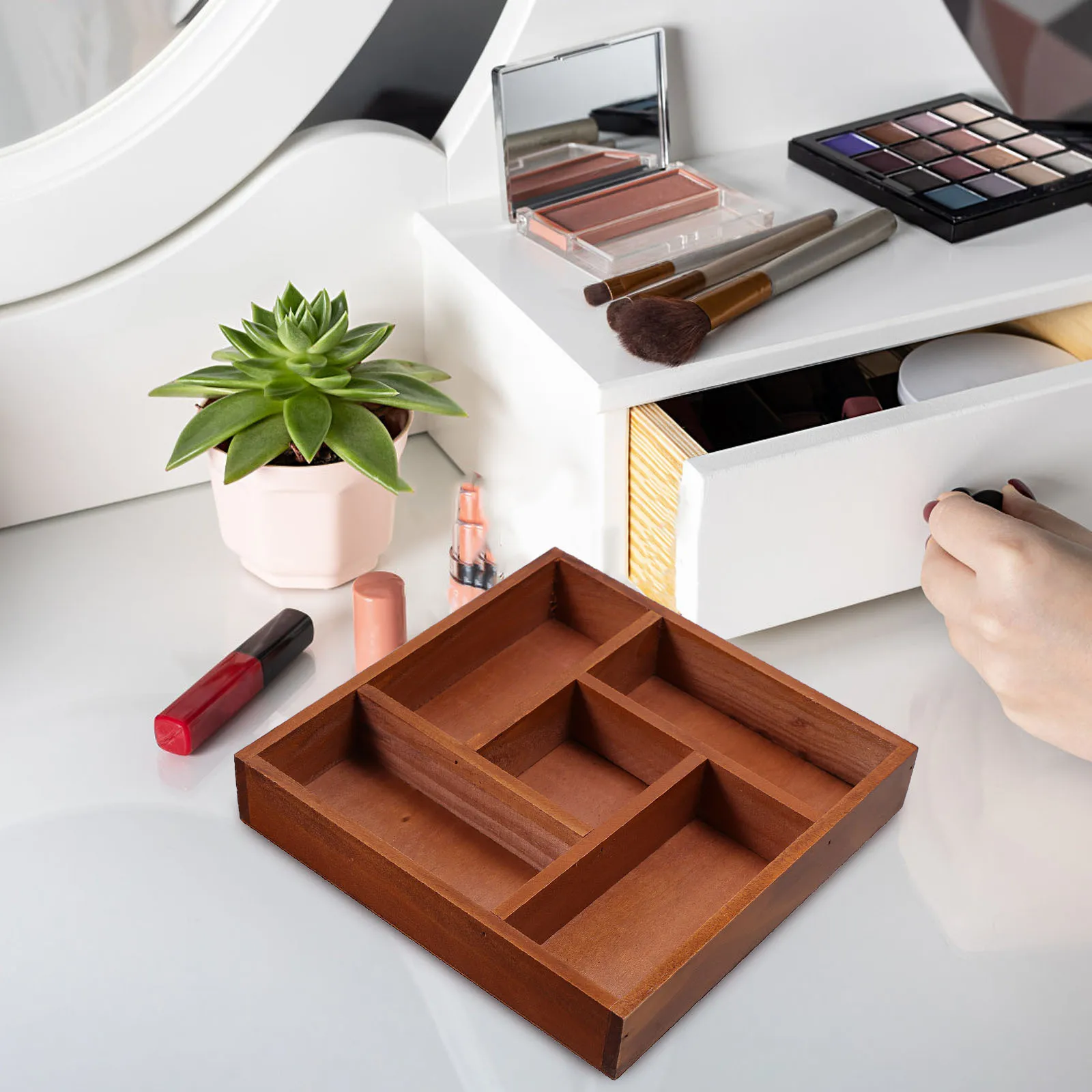 Wooden Desk Organizer Tray with Compartments Vintage Style Desktop Storage Box for Makeup Vanity and Bedroom Organization
Wooden Desk Organizer Tray with Compartments Vintage Style Desktop Storage Box for Makeup Vanity and Bedroom Organization