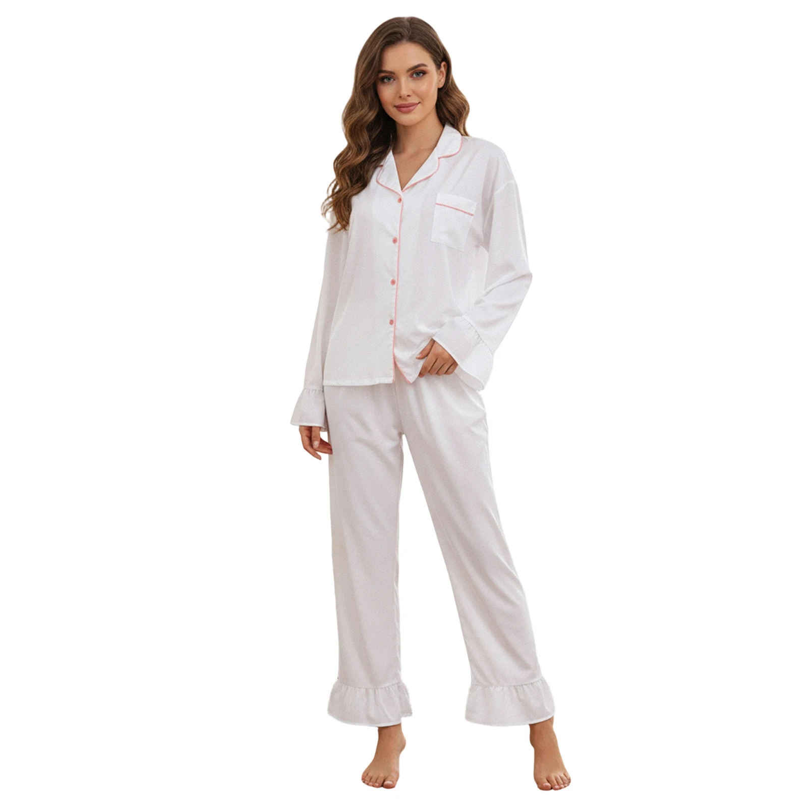 Женский пижамный комплект из двух предметов, милая рубашка с длинными рукавами и рюшами, брюки, комплект одежды для отдыха
Женский пижамный комплект из двух предметов, милая рубашка с длинными рукавами и рюшами, брюки, комплект одежды для отдыха