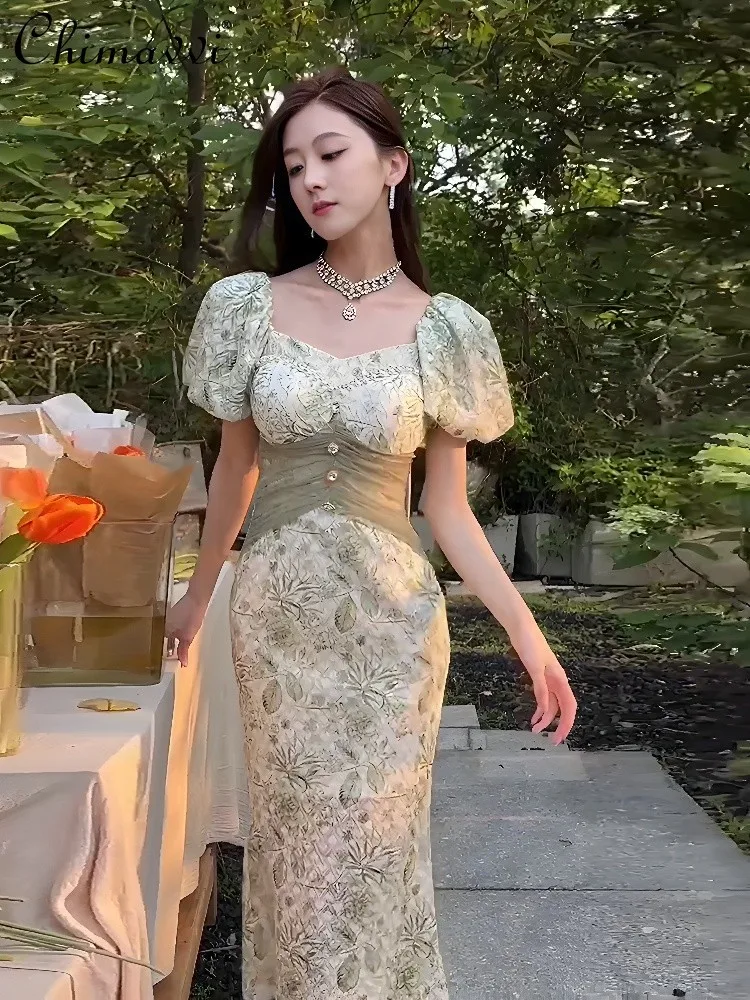 French Style Elegant Retro Rhinestone Beaded Square Collar Puff Sleeve Mesh High Waist Tight Printing Long Dress Women Summer
French Style Elegant Retro Rhinestone Beaded Square Collar Puff Sleeve Mesh High Waist Tight Printing Long Dress Women Summer