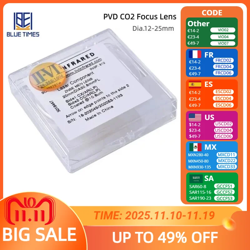 Bluetimes China Focus Lens 10.6μm Wavelength CO2 PVD ZnSe Lens for CO2 Laser Engraving Cutting Machine Dia.12/18/20/25mm
Bluetimes China Focus Lens 10.6μm Wavelength CO2 PVD ZnSe Lens for CO2 Laser Engraving Cutting Machine Dia.12/18/20/25mm