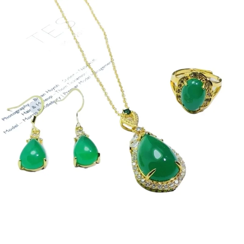 Natural Emperor Green Chalcedony Pendant Earrings Ring Three-piece Silver Inlaid Jade Chalcedony Jewelry Set
Natural Emperor Green Chalcedony Pendant Earrings Ring Three-piece Silver Inlaid Jade Chalcedony Jewelry Set