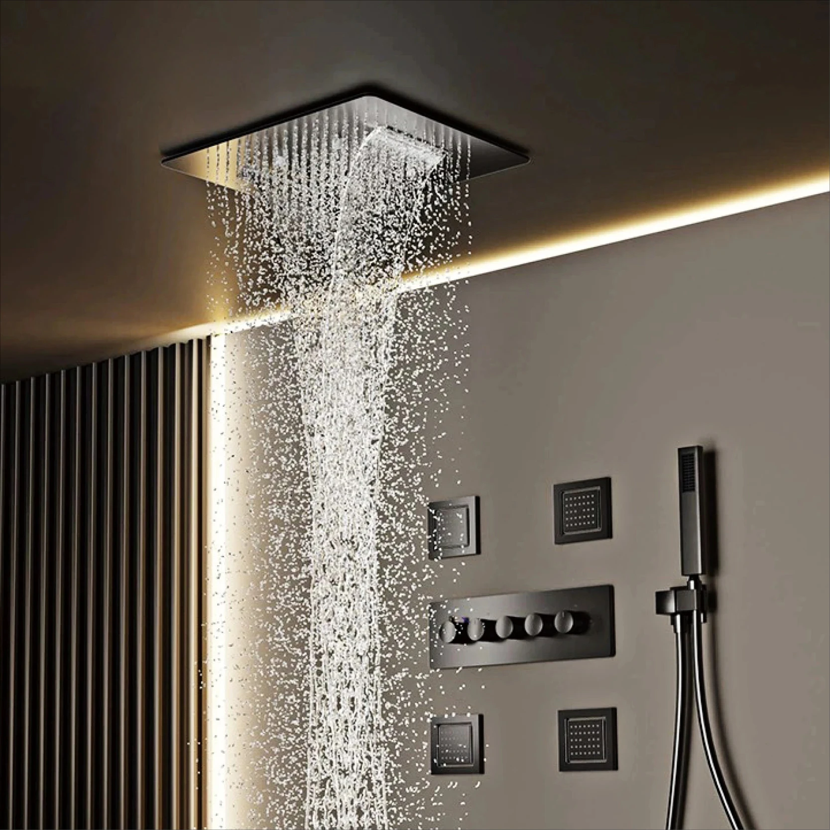 Luxury brass black shower system with ceiling style design Constant temperature Cold & Hot dual control 4-function bathroom Tap
Luxury brass black shower system with ceiling style design Constant temperature Cold & Hot dual control 4-function bathroom Tap