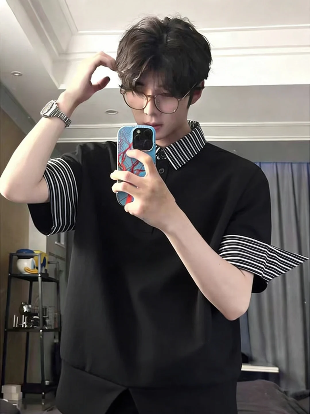 Bla ort Sve irt Men's High-End Feeling Cool oulder T-irt Youthful Striped Patchwork Faionable Top
Bla ort Sve irt Men's High-End Feeling Cool oulder T-irt Youthful Striped Patchwork Faionable Top