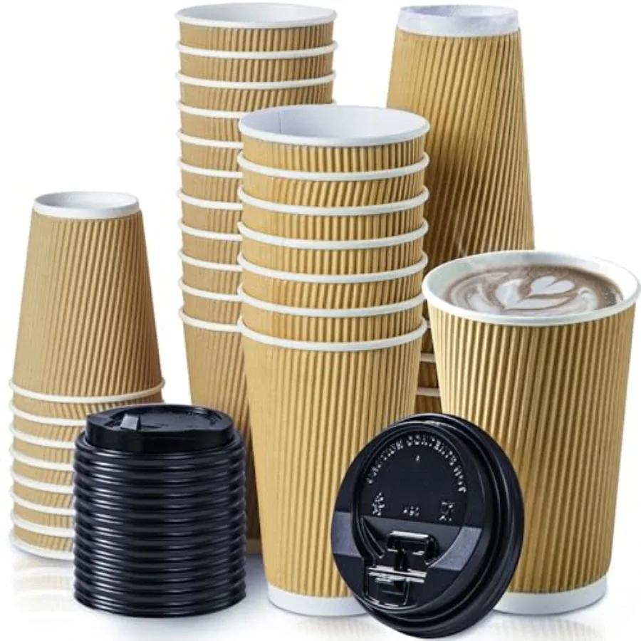 50 Pack Insulated Ripple Triple Wall Paper Coffee Cups with Black Lids, Premium Disposable, Brown To Go Anti Slip for Hot Bever
50 Pack Insulated Ripple Triple Wall Paper Coffee Cups with Black Lids, Premium Disposable, Brown To Go Anti Slip for Hot Bever