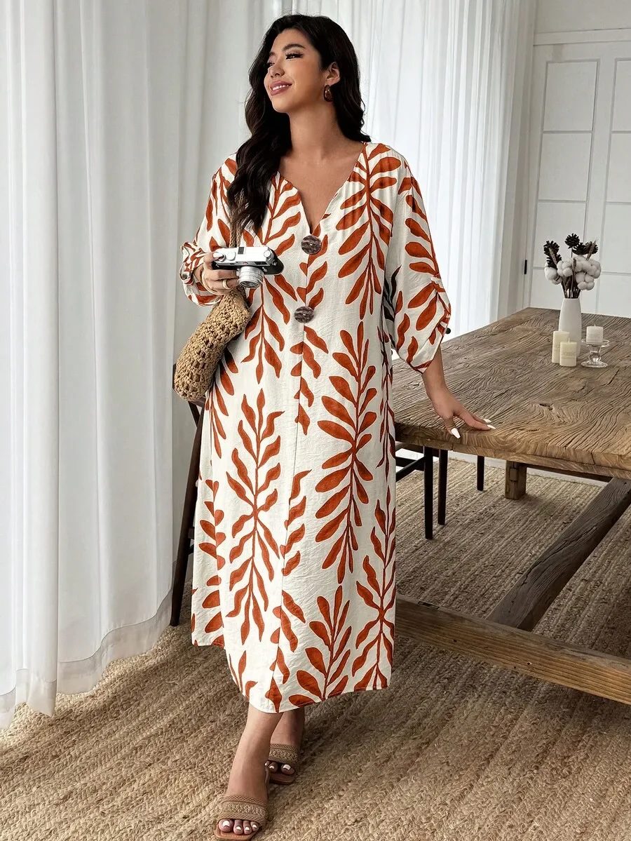 Terracotta Leaf-Print V-Neck Midi Dress With Wooden Buttons, Roll-Sleeve Detail, Plus Size Loose Fit For Casual Holiday
Terracotta Leaf-Print V-Neck Midi Dress With Wooden Buttons, Roll-Sleeve Detail, Plus Size Loose Fit For Casual Holiday