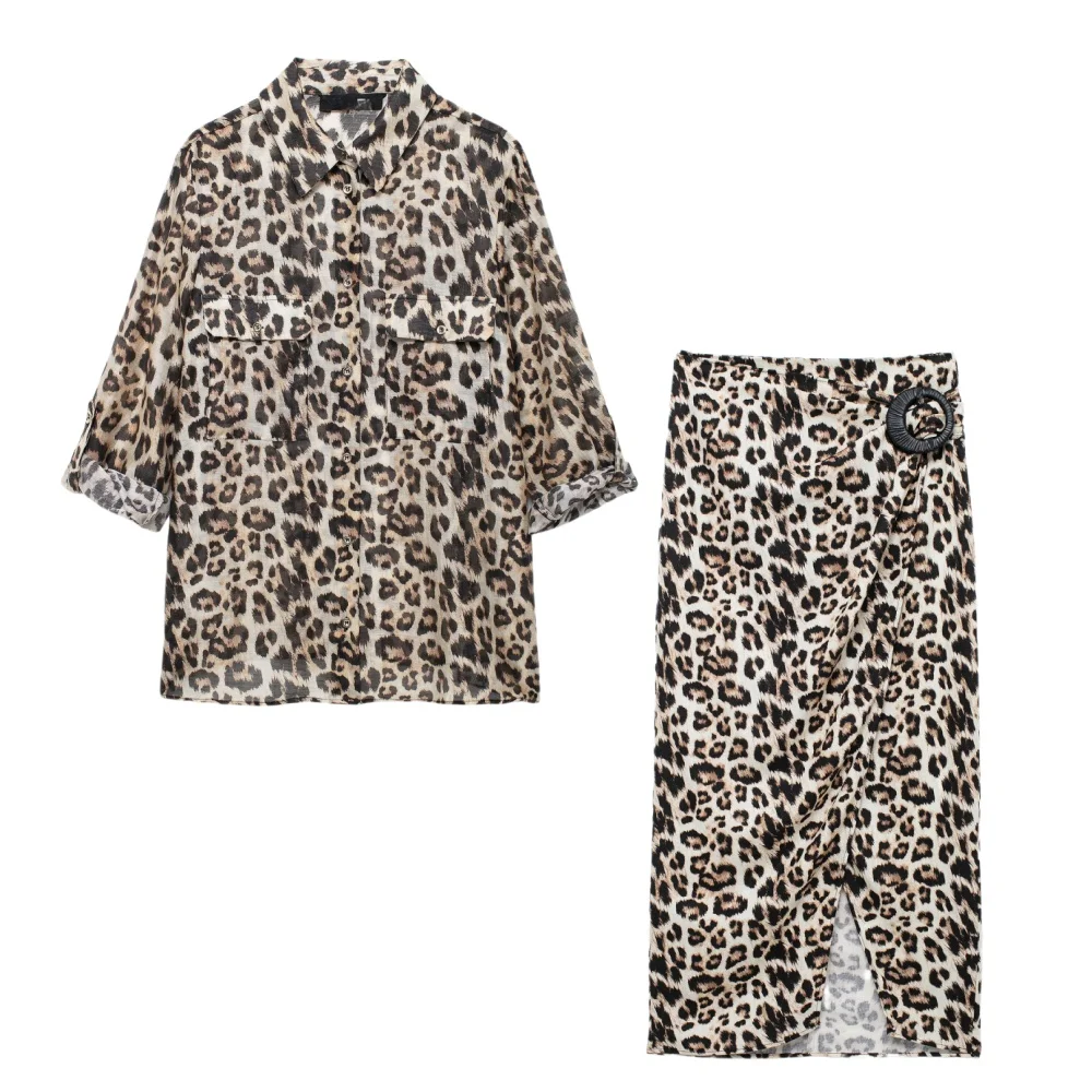 Women's skirt two-piece leopard print retro long-sleeved shirt top fashion drawstring casual midi skirt suit
Women's skirt two-piece leopard print retro long-sleeved shirt top fashion drawstring casual midi skirt suit