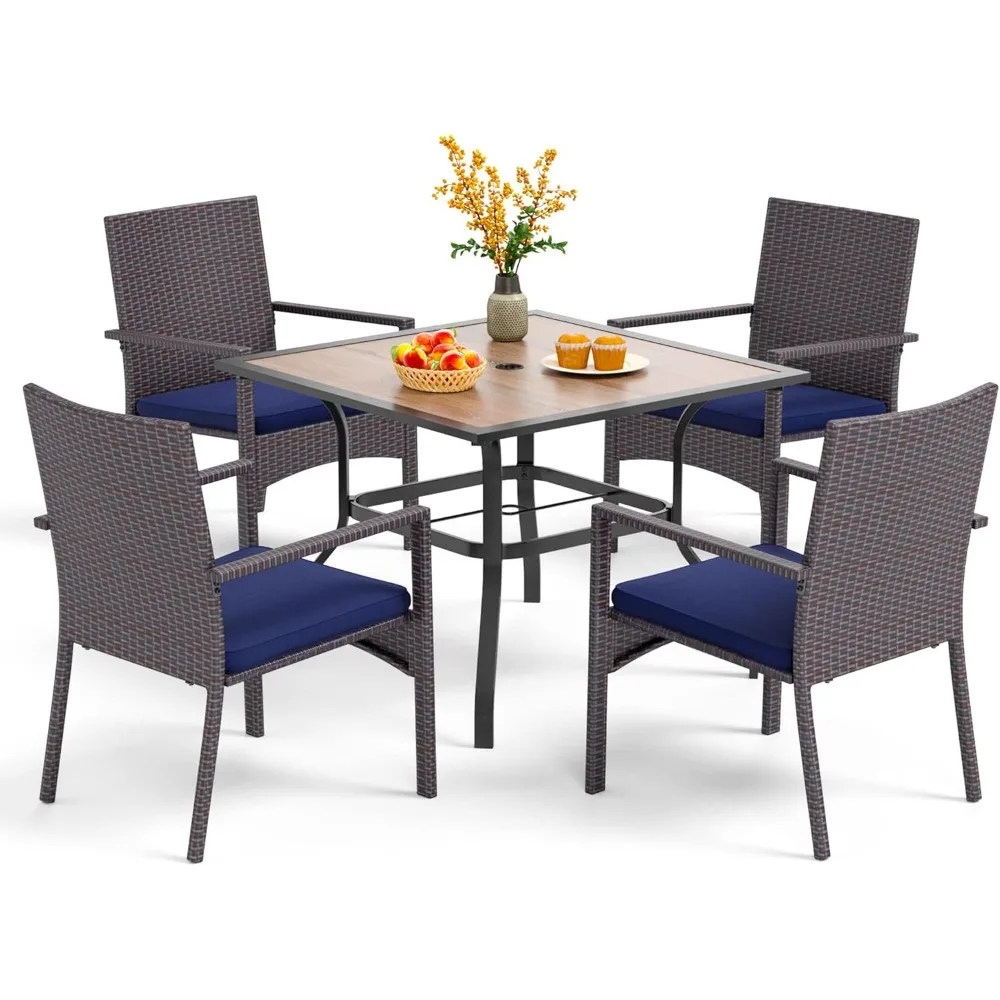 5 Piece Outdoor Dining Table Set for 4, 37" Wood Top Metal Dining Table with Umbrella Hole & 4 Cushioned Rattan Chairs for Pati
5 Piece Outdoor Dining Table Set for 4, 37" Wood Top Metal Dining Table with Umbrella Hole & 4 Cushioned Rattan Chairs for Pati