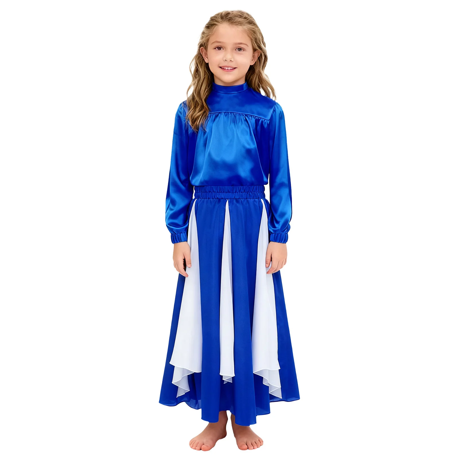 Kids Girls Liturgical Praise Dance Outfit 2-Piece Long Sleeve Satin Shirt Top+Color Block Wide Hemline Chiffon Panel Satin Skirt
Kids Girls Liturgical Praise Dance Outfit 2-Piece Long Sleeve Satin Shirt Top+Color Block Wide Hemline Chiffon Panel Satin Skirt