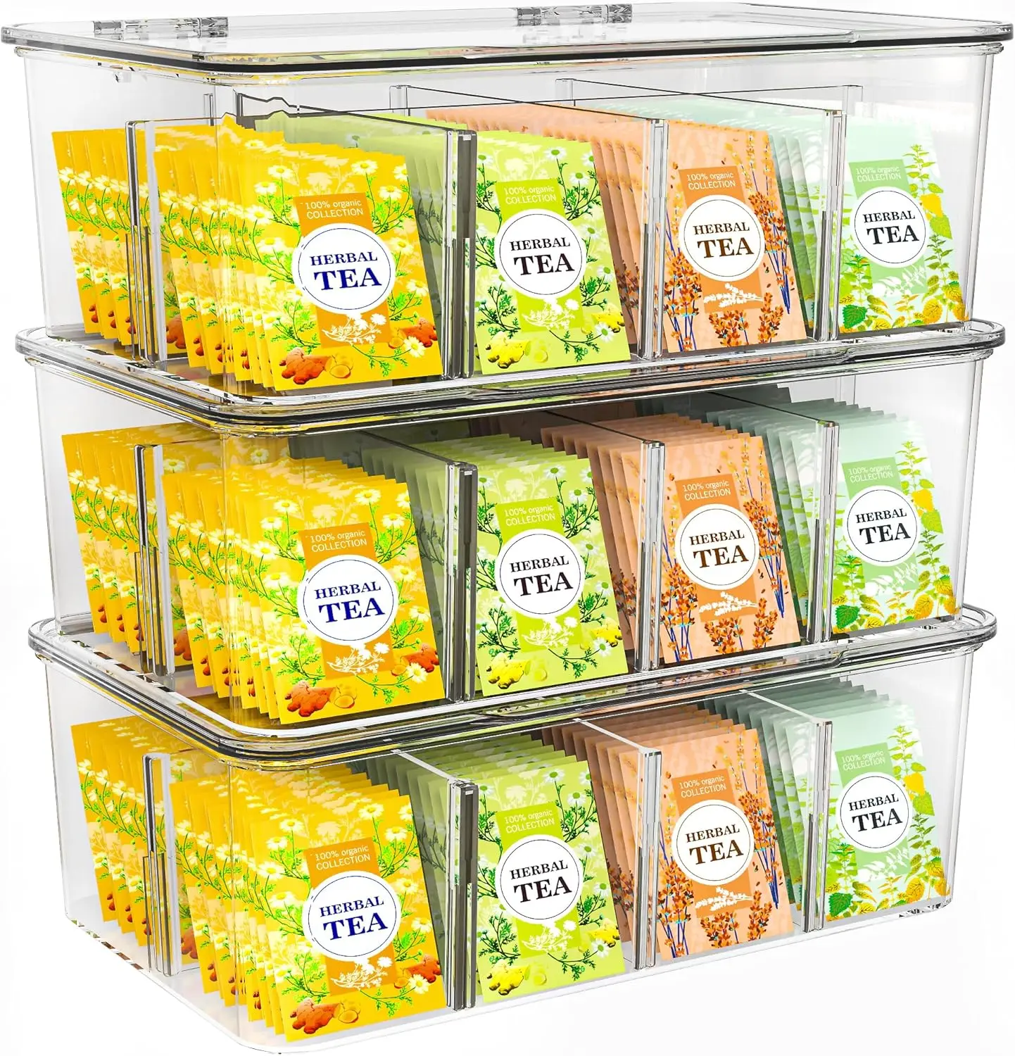 Clear Stackable Tea Bag Organizer with Lids - 3 Pack for Kitchen, Pantry, and Drawer Storage
Clear Stackable Tea Bag Organizer with Lids - 3 Pack for Kitchen, Pantry, and Drawer Storage