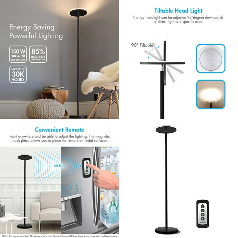 Modern Torchiere Floor Lamp, 3000L LED, 30W, Remote Control, Touch Dimmer, 90° Adjustable, Warm White
Modern Torchiere Floor Lamp, 3000L LED, 30W, Remote Control, Touch Dimmer, 90° Adjustable, Warm White
