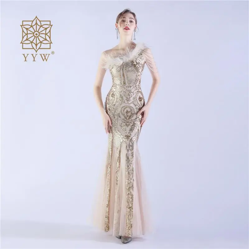 Gold Women Mermaid Dress Sequins Maxi Evening Prom Dress Female Luxury Birthday Prom Gowns Sexy Off Shoulder Feather Gala Dress
Gold Women Mermaid Dress Sequins Maxi Evening Prom Dress Female Luxury Birthday Prom Gowns Sexy Off Shoulder Feather Gala Dress