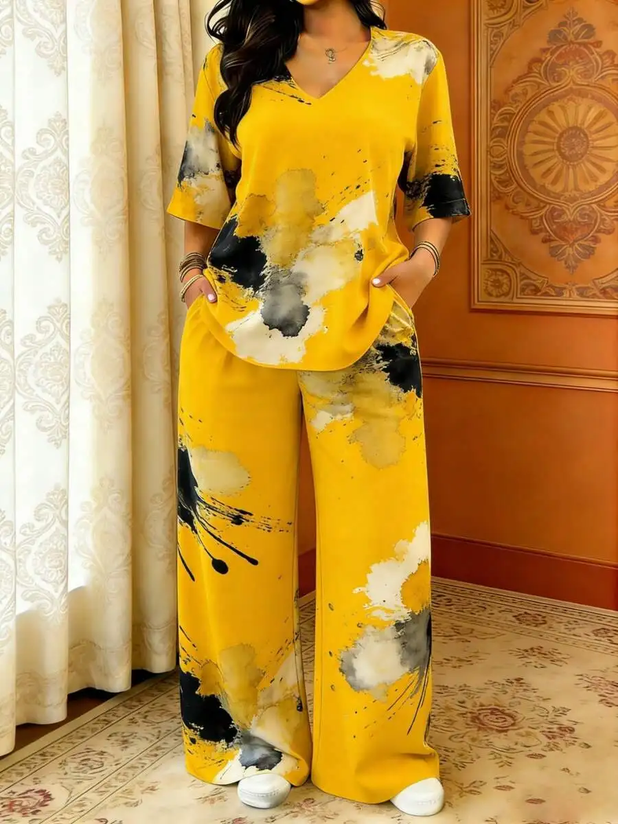 Womens Yellow Black Ink Splash Print V-Neck Loose Two-Piece Set Wide Leg Pants Casual Summer Outfit
Womens Yellow Black Ink Splash Print V-Neck Loose Two-Piece Set Wide Leg Pants Casual Summer Outfit