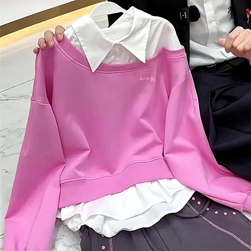 Spring Blouses Women Patchwork Tops Spliced Pink Long Sleeve Shirts Collor Sweatshirts Blusas Tees Feminina NZ177
Spring Blouses Women Patchwork Tops Spliced Pink Long Sleeve Shirts Collor Sweatshirts Blusas Tees Feminina NZ177