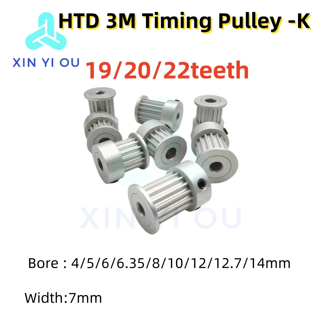 HTD 3M Timing Pulley 19/20/22teeth-K Type Bore 4/5/6/6.35/8/10/12/12.7/14mm Belt Width7mm3M Synchronous Wheel
HTD 3M Timing Pulley 19/20/22teeth-K Type Bore 4/5/6/6.35/8/10/12/12.7/14mm Belt Width7mm3M Synchronous Wheel