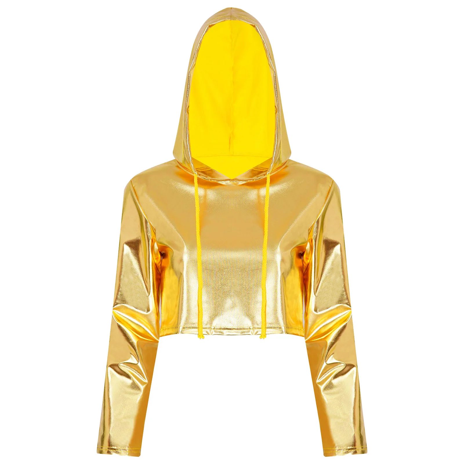Womens Long Sleeve Hooded Crop Top Dance Performance Clothes Metallic Fashion Drawstring Rave Party Music Festival Stage Costume
Womens Long Sleeve Hooded Crop Top Dance Performance Clothes Metallic Fashion Drawstring Rave Party Music Festival Stage Costume