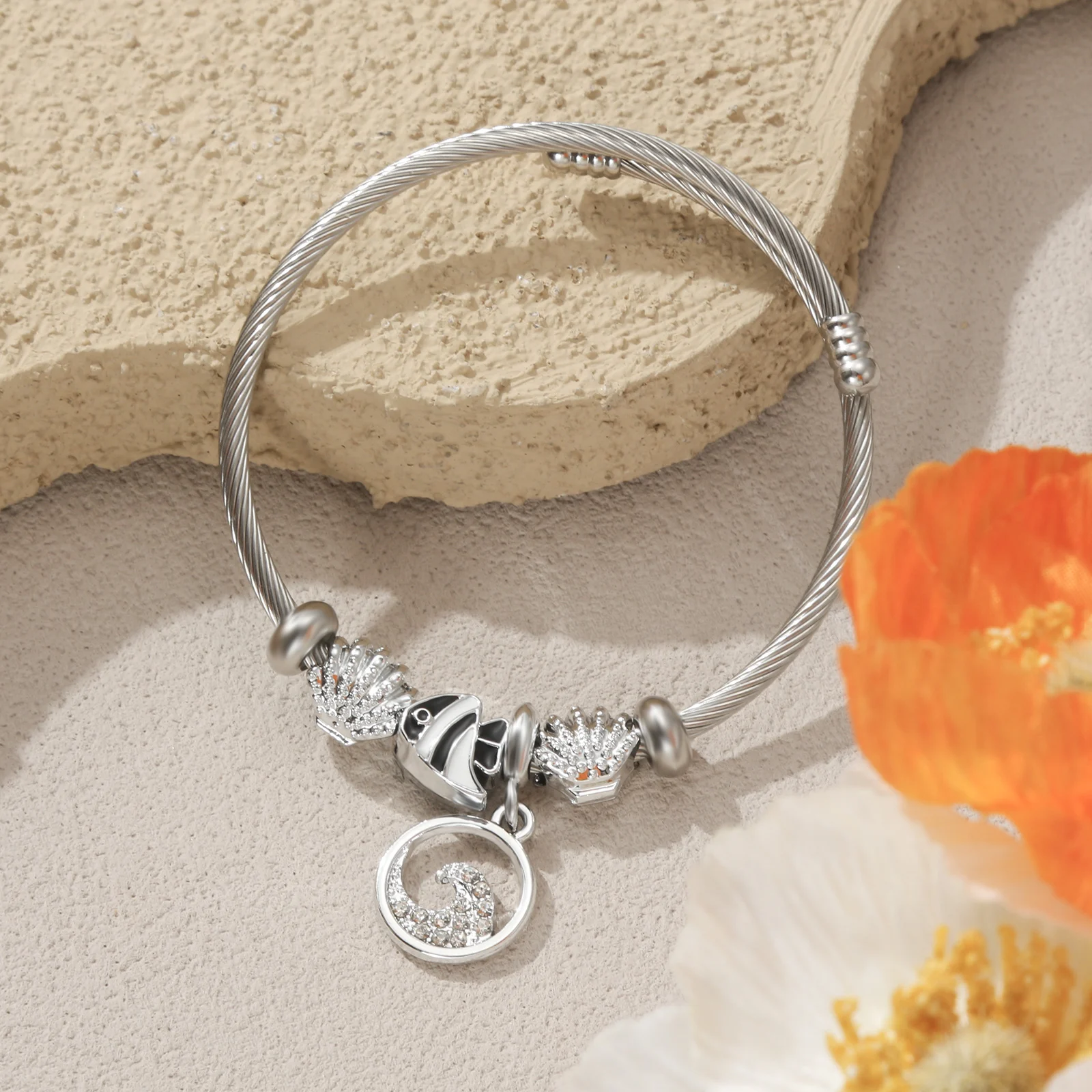 Silver Tone Ocean Charm Bangle with Shell Fish and Wave Pendant for Women
Silver Tone Ocean Charm Bangle with Shell Fish and Wave Pendant for Women
