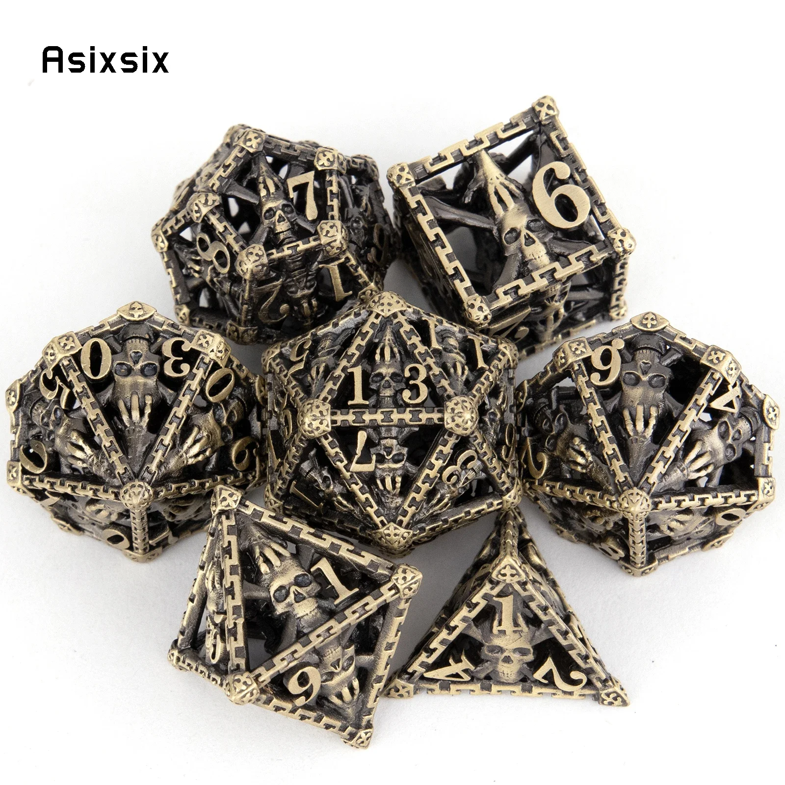 7 Pcs Copper Hand Skull Head Metal Dice Hollow Metal Polyhedral Dice Set Suitable for Role-Playing RPG Board Game Card Game
7 Pcs Copper Hand Skull Head Metal Dice Hollow Metal Polyhedral Dice Set Suitable for Role-Playing RPG Board Game Card Game