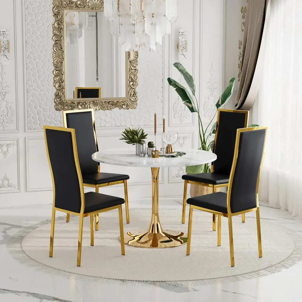 Круглый обеденный стол из мрамора с золотыми ножками и 4 черными стульями с золотой отделкой для элегантной столовой
Круглый обеденный стол из мрамора с золотыми ножками и 4 черными стульями с золотой отделкой для элегантной столовой