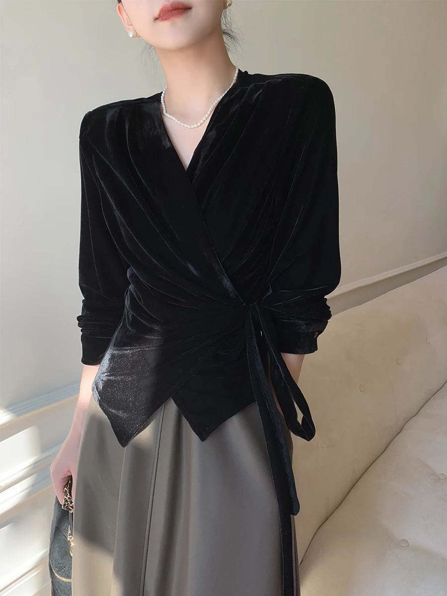 Ele Bla Velvet Long Sve V-Ne irt Женский осенне-зимний топ с завязками на талии в стиле ретро и высокой талией для поездок на работу Sle
Ele Bla Velvet Long Sve V-Ne irt Женский осенне-зимний топ с завязками на талии в стиле ретро и высокой талией для поездок на работу Sle