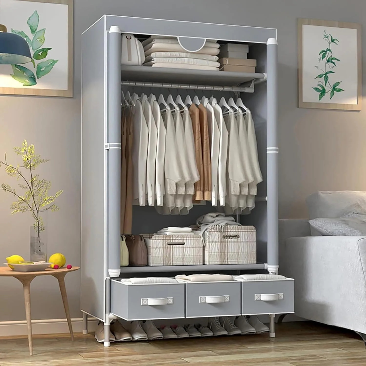 67" Gray Portable Wardrobe with Shutter Door, 3 Drawer Boxes & Hanger, No Tool Assembly, Clothes Storage (35.4"x17.7")
67" Gray Portable Wardrobe with Shutter Door, 3 Drawer Boxes & Hanger, No Tool Assembly, Clothes Storage (35.4"x17.7")