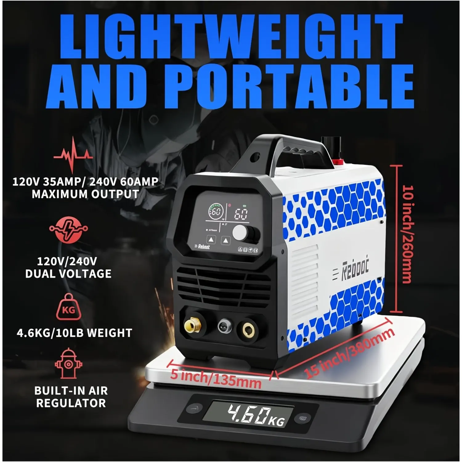 Plasma Cutter 60A with Large Integrated LED Digital Display – Dual Voltage (120V/240V) IGBT Inverter Design, Clean Cutting up to 1/2 Inch, Max Severance 5/8 Inch, Compact & User-Friendly for DIY and Workshop Use
Plasma Cutter 60A with Large Integrated LED Digital Display – Dual Voltage (120V/240V) IGBT Inverter Design, Clean Cutting up to 1/2 Inch, Max Severance 5/8 Inch, Compact & User-Friendly for DIY and Workshop Use