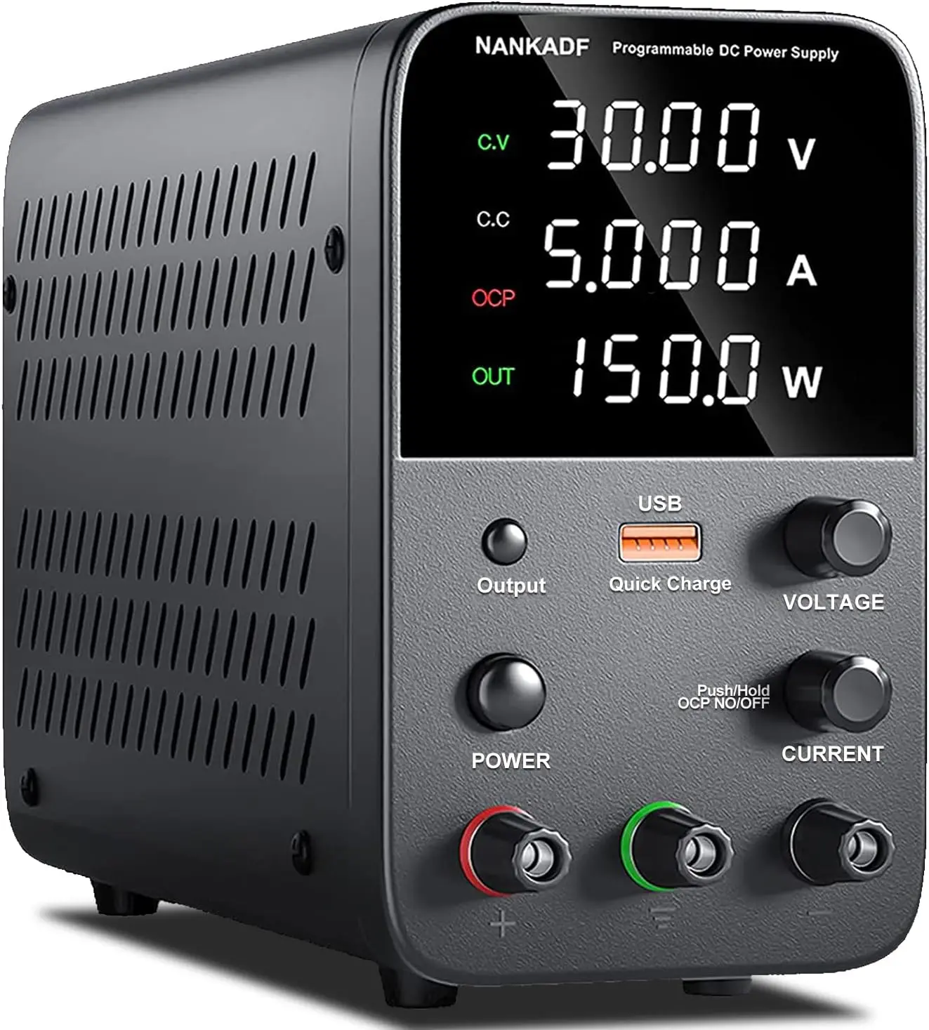 DC Bench Power Supply 30V 5A with Encoder, USB Quick-Charge, Short Circuit Alarm - Black