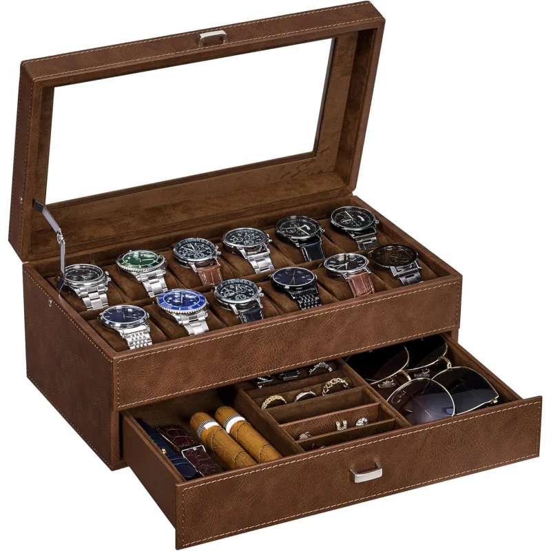 12-Slot 2-Layer Watch Box with Drawer - Men's & Women's Wooden Watch Display Case, Large Glass Lid, Espresso Finish
12-Slot 2-Layer Watch Box with Drawer - Men's & Women's Wooden Watch Display Case, Large Glass Lid, Espresso Finish