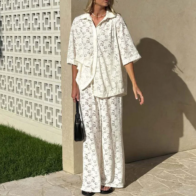 Summer Vacation Short Sleeved Shirt Suit Casual Women's Long Pants Holiday Outfit New Seaside Beach Lace Jacquard Two Piece Set
Summer Vacation Short Sleeved Shirt Suit Casual Women's Long Pants Holiday Outfit New Seaside Beach Lace Jacquard Two Piece Set