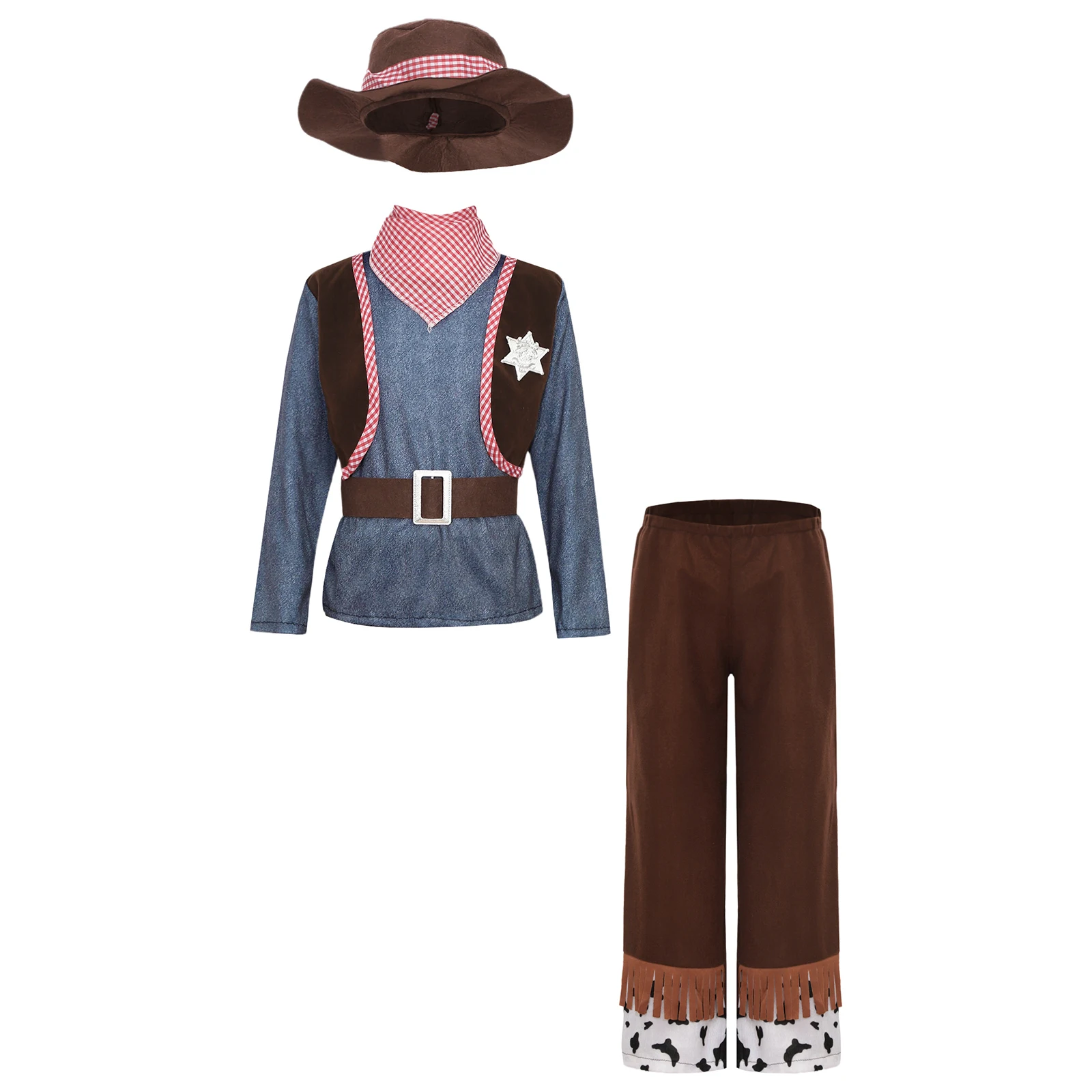 5Pcs Boys Western Cowboy Outfit Costume Long Sleeve Top with Pants Hat Bandana Set for Halloween Party Stage Performance Costume
5Pcs Boys Western Cowboy Outfit Costume Long Sleeve Top with Pants Hat Bandana Set for Halloween Party Stage Performance Costume