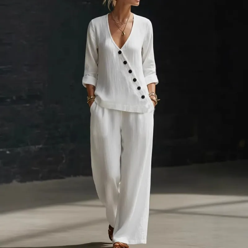 European and American Cross-border Summer New Women's Casual V-neck Button-down Shirt and Wide-leg Pants Two-piece Set Fashion
European and American Cross-border Summer New Women's Casual V-neck Button-down Shirt and Wide-leg Pants Two-piece Set Fashion