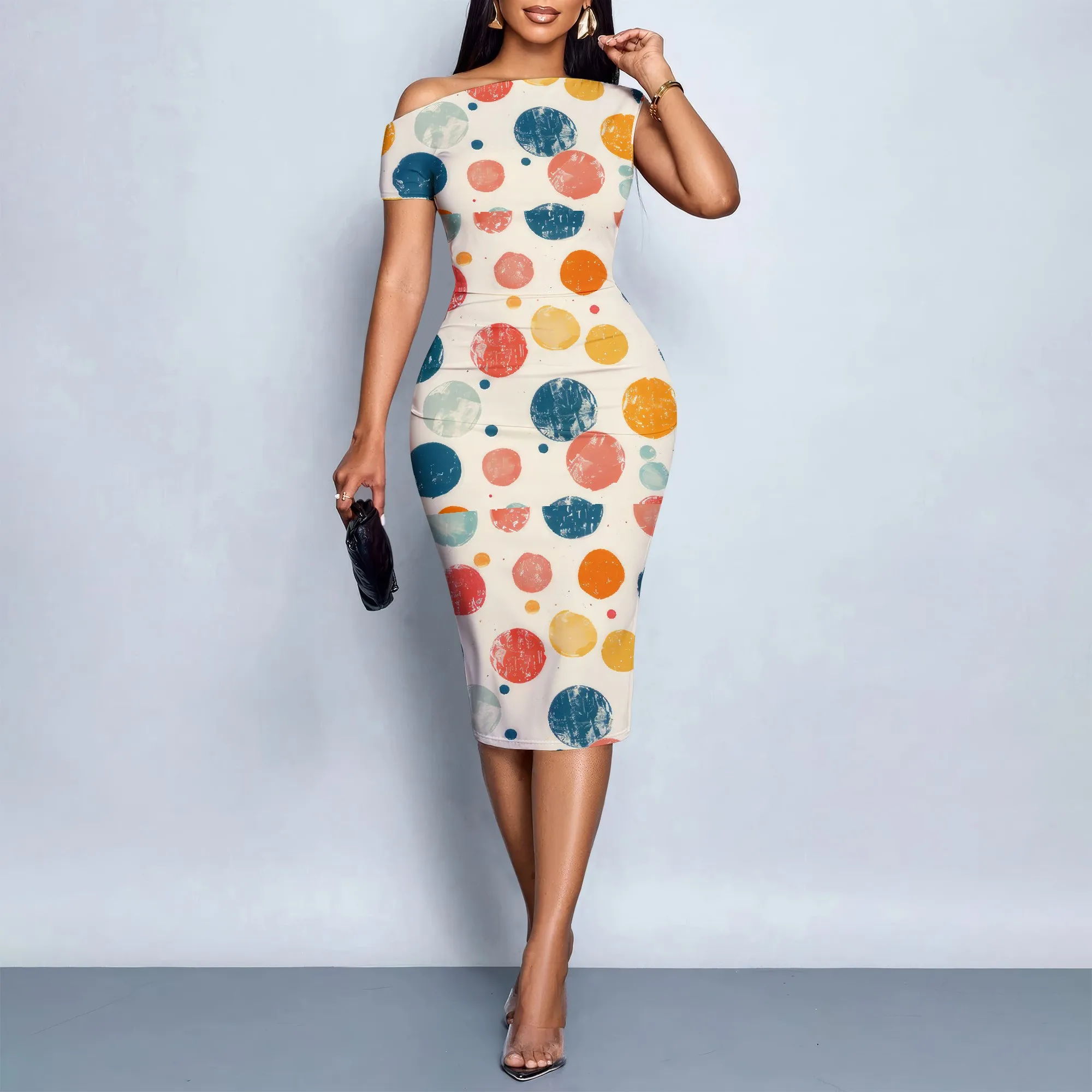 Colorful Dots Print Dress, Short Sleeve Bodycon Midi, Off Shoulder Summer Party Wear, Casual Vacation Fit, S-2XL
Colorful Dots Print Dress, Short Sleeve Bodycon Midi, Off Shoulder Summer Party Wear, Casual Vacation Fit, S-2XL