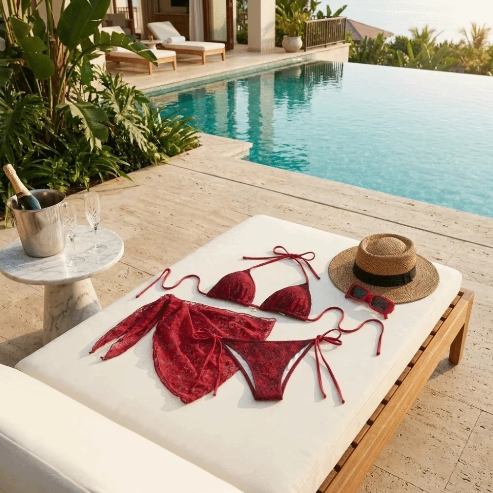 Swimming Halter Sexy Brazilian Bikini Set Cover Skirt Mesh Three-Piece Swimwear Nylon Red Lace Bikinis Vacay Outfit
Swimming Halter Sexy Brazilian Bikini Set Cover Skirt Mesh Three-Piece Swimwear Nylon Red Lace Bikinis Vacay Outfit