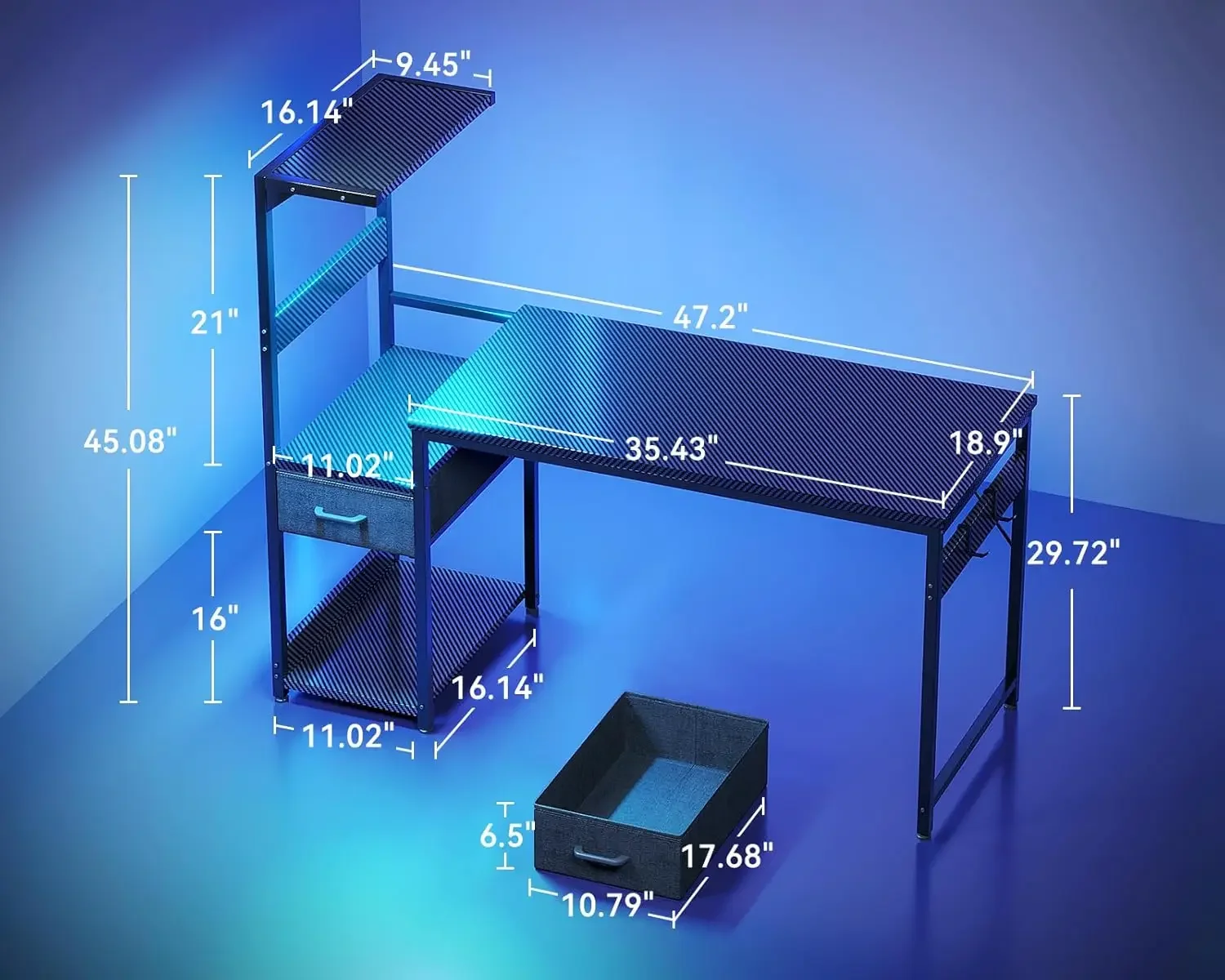 48 Inch Gaming Desk with Storage & LED Lights, Reversible Computer Desk with Display Shelves & Fabric Drawer, Modern Gamer Desk
48 Inch Gaming Desk with Storage & LED Lights, Reversible Computer Desk with Display Shelves & Fabric Drawer, Modern Gamer Desk