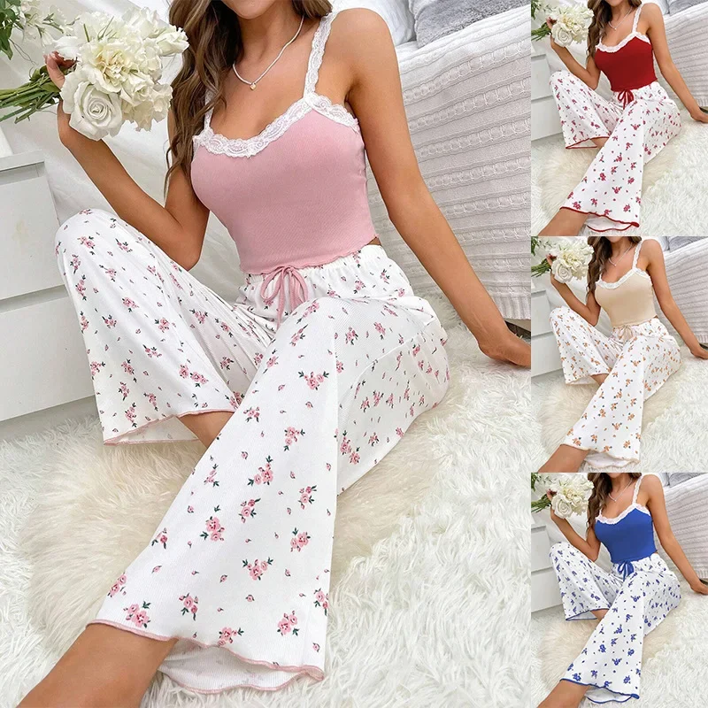 Pajamas 2 Piece Sets Women Camisole Pants Summer Lace Sleeveless Flower Print Sling Top Trousers Sleepwear Cute Nightwear Suit
Pajamas 2 Piece Sets Women Camisole Pants Summer Lace Sleeveless Flower Print Sling Top Trousers Sleepwear Cute Nightwear Suit