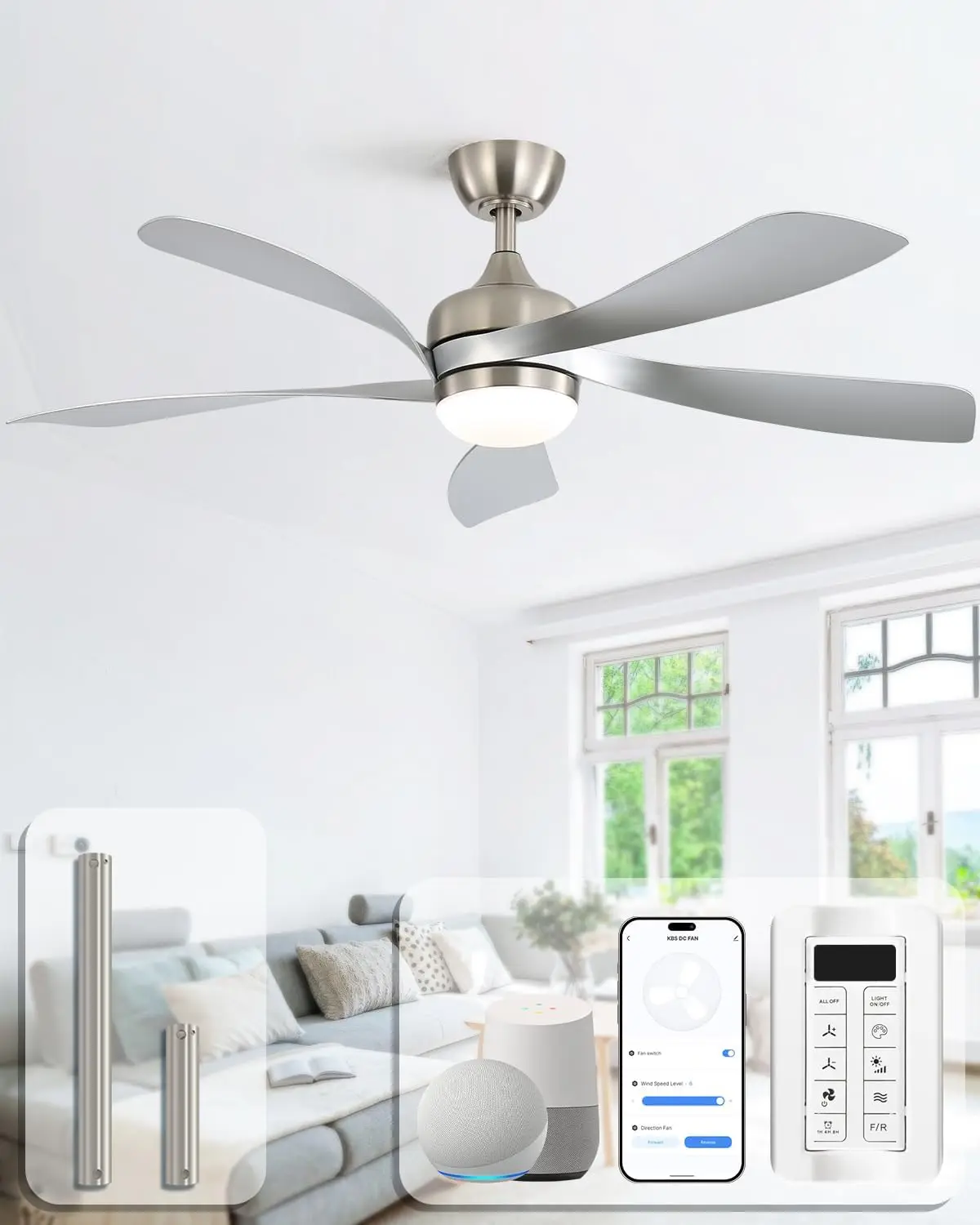 52-Inch Smart Ceiling Fan with Light and Remote, Indoor/Outdoor Use, Compatible with Alexa/Google/App, 3-Color Light, 6-Speed, Timer, Reversible DC Motor for Bedroom Living Room Patio
52-Inch Smart Ceiling Fan with Light and Remote, Indoor/Outdoor Use, Compatible with Alexa/Google/App, 3-Color Light, 6-Speed, Timer, Reversible DC Motor for Bedroom Living Room Patio