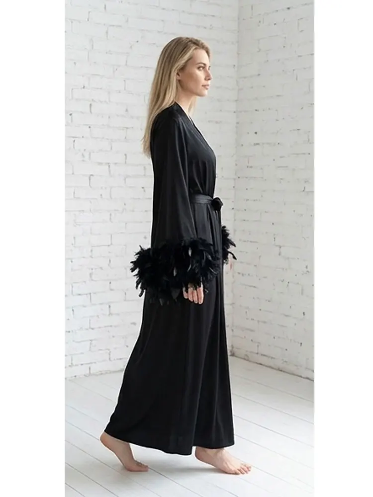 Black Long Silk Bridal Robe with Feather Lingerie Long Dressing Gown for Brides Women's Floor Length Bathrobe Bridesmaid Kimonos
Black Long Silk Bridal Robe with Feather Lingerie Long Dressing Gown for Brides Women's Floor Length Bathrobe Bridesmaid Kimonos