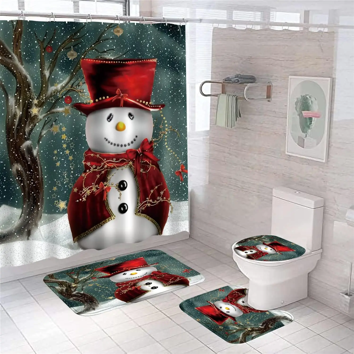 4PC Christmas Snowman Shower Curtain Set with Rugs,Toilet Lid Cover and Bath Mat,Shower Curtain with 12 Hooks,ChristmasBathroom
4PC Christmas Snowman Shower Curtain Set with Rugs,Toilet Lid Cover and Bath Mat,Shower Curtain with 12 Hooks,ChristmasBathroom
