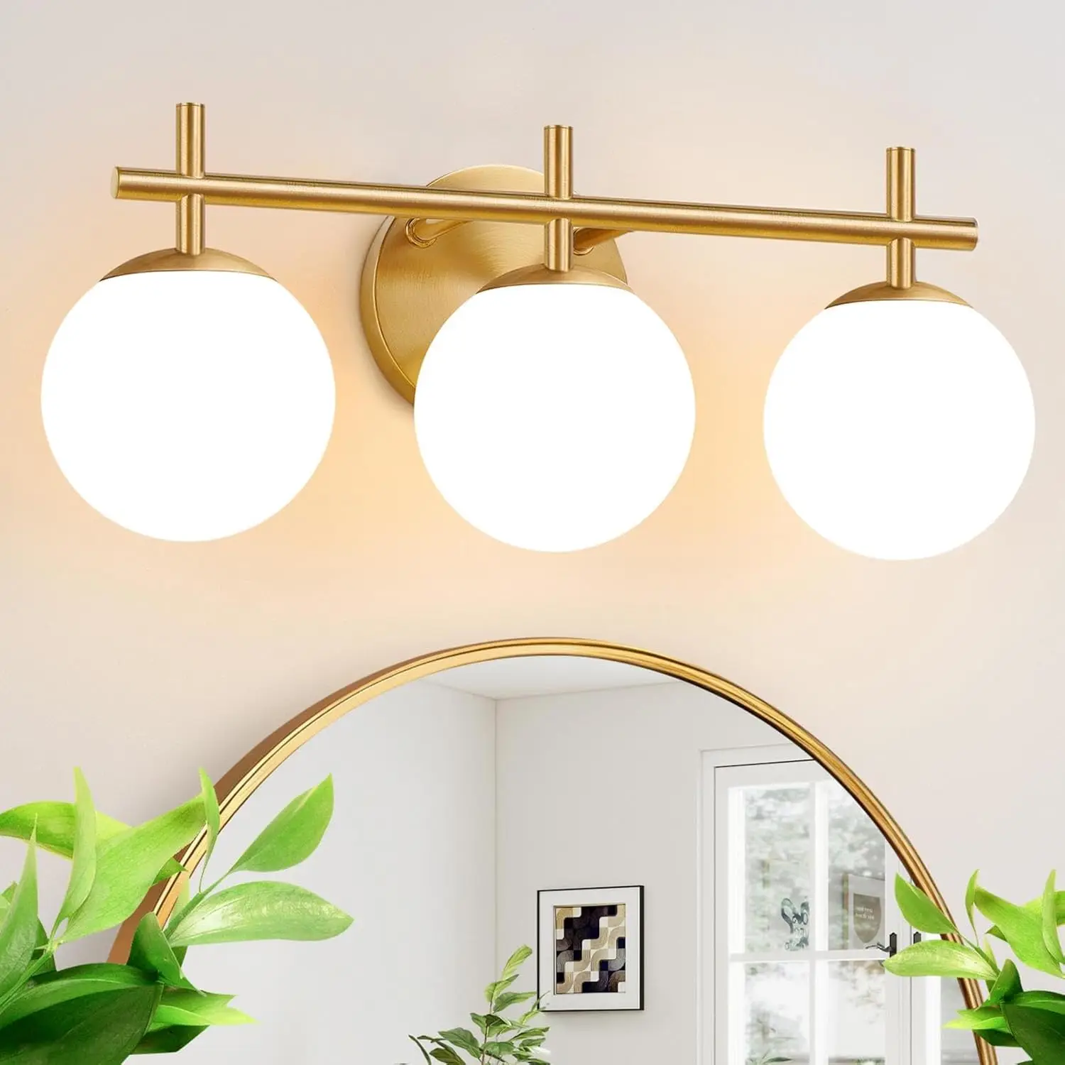3-Light Brushed Gold Bathroom Vanity Light, 19.3" Fixture with Milky White Glass Shades for Over Mirror, Wall Sconce for Bedroom (Bulbs Not Included)
3-Light Brushed Gold Bathroom Vanity Light, 19.3" Fixture with Milky White Glass Shades for Over Mirror, Wall Sconce for Bedroom (Bulbs Not Included)