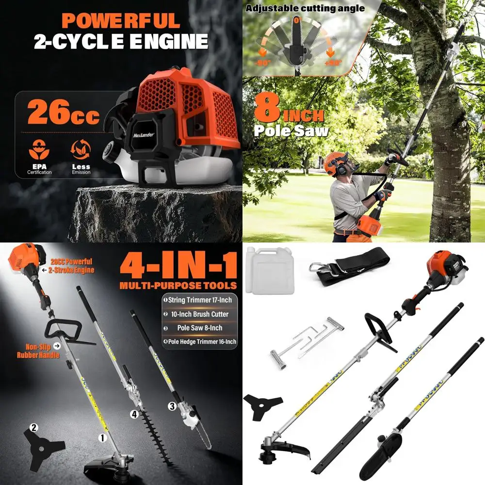 Compact 26cc 4-in-1 Garden Tool Set: String Trimmer, Pole Saw, Hedge Trimmer, Brush Cutter with Rubber Handle & Strap
Compact 26cc 4-in-1 Garden Tool Set: String Trimmer, Pole Saw, Hedge Trimmer, Brush Cutter with Rubber Handle & Strap